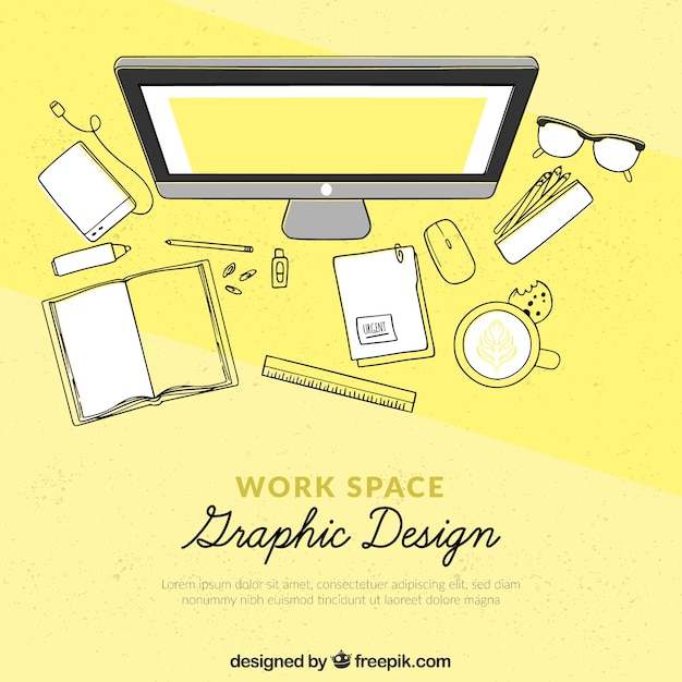 Vector gratuito fondo de espacio de trabajo de diseño gráfico en estilo hecho a mano