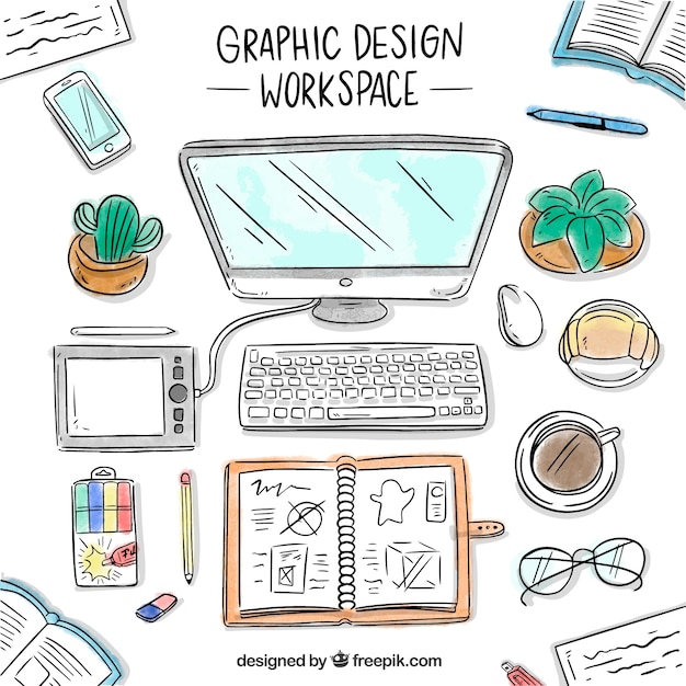 Fondo de espacio de trabajo de diseño gráfico en estilo hecho a mano