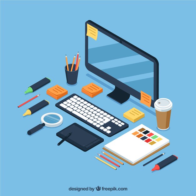 Fondo de espacio de trabajo de diseño gráfico en estilo isométrico
