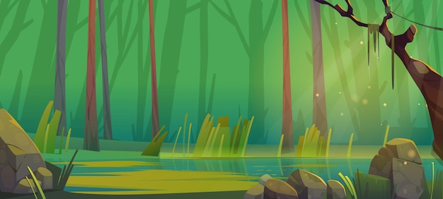 Fondo de estanque o pantano de bosque de dibujos animados Paisaje de naturaleza de verano con troncos de árboles lianas hierba verde y rocas agua de atolladero redondo Hermoso paisaje vista madera profunda con plantas Ilustración vectorial