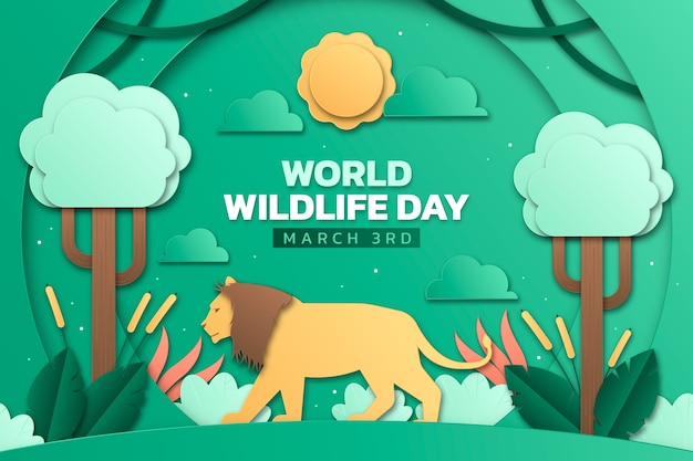 Vector gratuito fondo de estilo de papel para el día mundial de la vida silvestre con flora y fauna