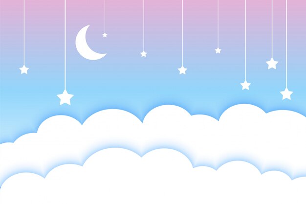 Fondo de estilo papercut colorido de estrellas y nubes de luna