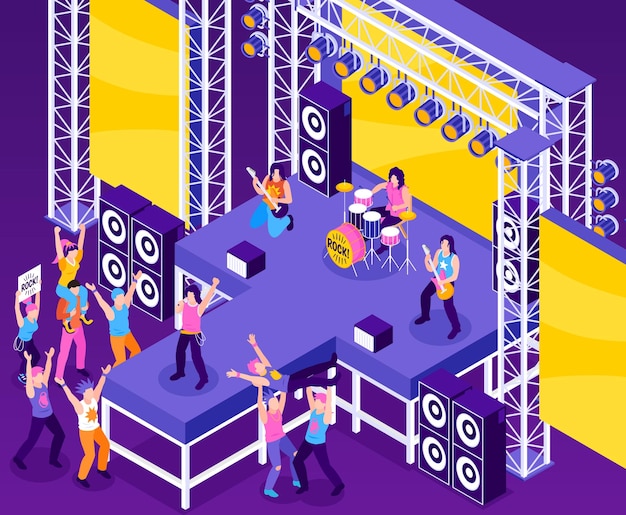 Fondo de estrella de rock con conciertos y símbolos de personas ilustración vectorial isométrica
