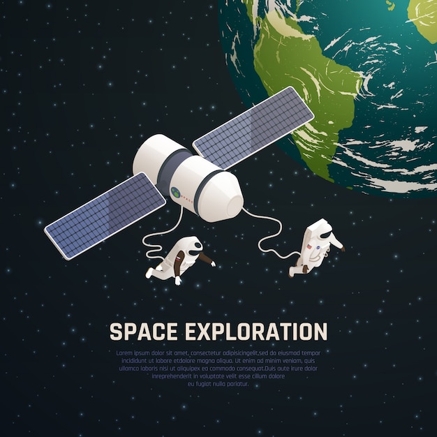 Fondo de exploración espacial con ilustración isométrica de símbolos de investigación del espacio exterior