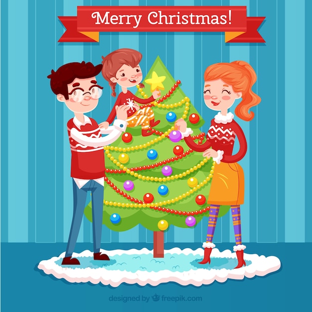 Vector gratuito fondo de familia con árbol de navidad