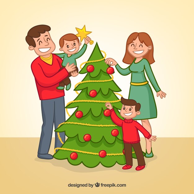 Fondo de familia decorando el árbol de navidad