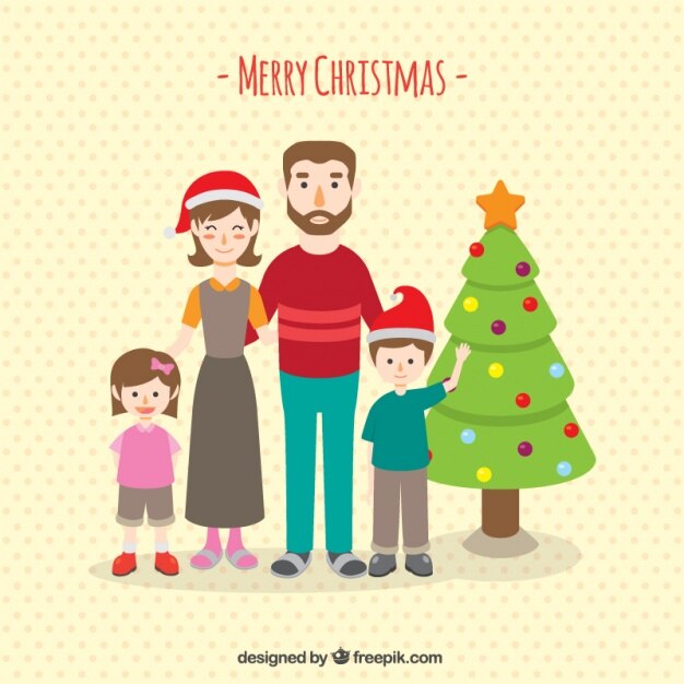 Fondo de familia feliz con gorro de santa claus y árbol 