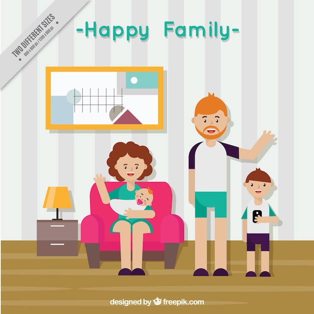 Vector gratuito fondo de familia feliz en el salón en diseño plano