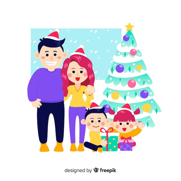 Fondo familia junto a árbol de navidad