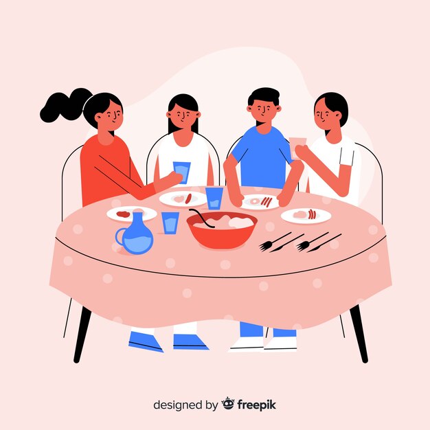 Fondo familia sentada alrededor de la mesa dibujado a mano
