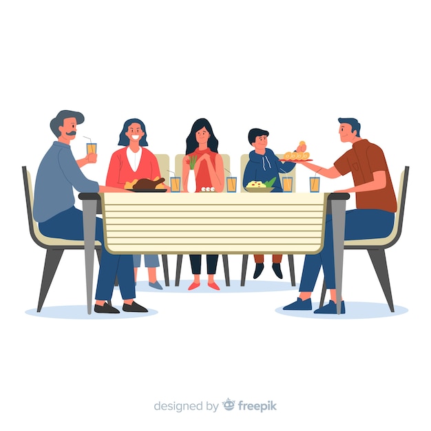 Fondo familia sentada alrededor de la mesa dibujado a mano