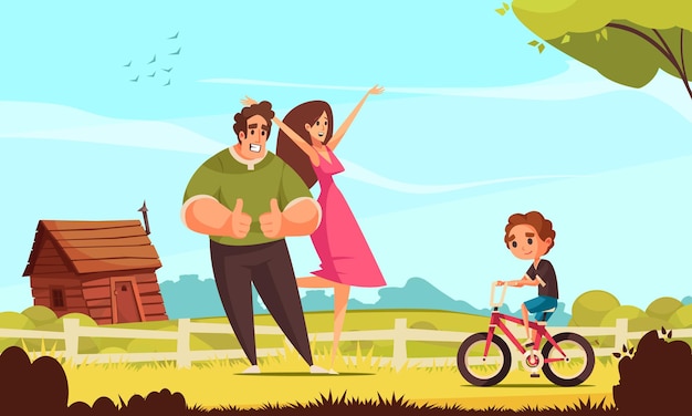 Vector gratuito fondo familiar de ciclismo con deporte y símbolos de aprendizaje ilustración plana