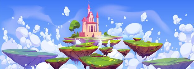 Fondo de fantasía con castillo mágico en la isla flotando en el cielo Paisaje de juego con islas voladoras con fortaleza medieval hierba verde y nubes ilustración de dibujos animados vectoriales
