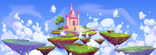 Fondo de fantasía con castillo mágico en la isla flotando en el cielo Paisaje de juego con islas voladoras con fortaleza medieval hierba verde y nubes ilustración de dibujos animados vectoriales