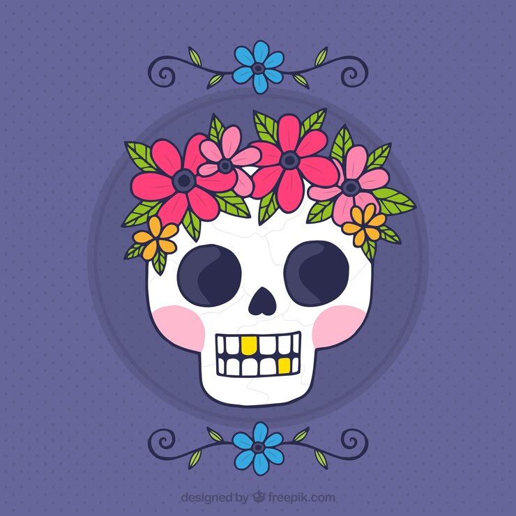 Vector gratuito fondo fantástico con calavera y decoración floral