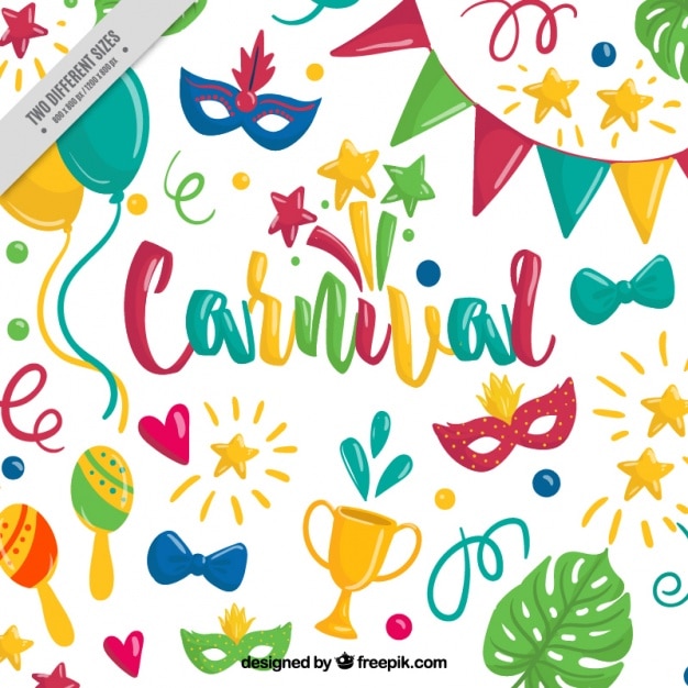 Vector gratuito fondo fantástico con coloridos objetos dibujados a mano para el carnaval