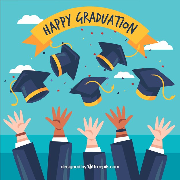 Fondo fantástico con gorros de graduación y manos