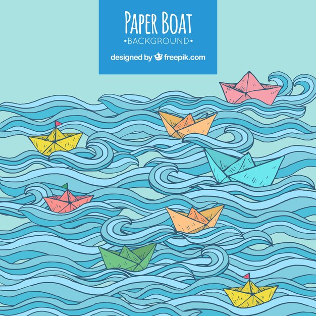 Fondo fantástico con olas y barcos de papel de colores