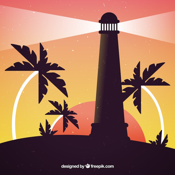 Vector gratuito fondo de faro al atardecer con palmeras