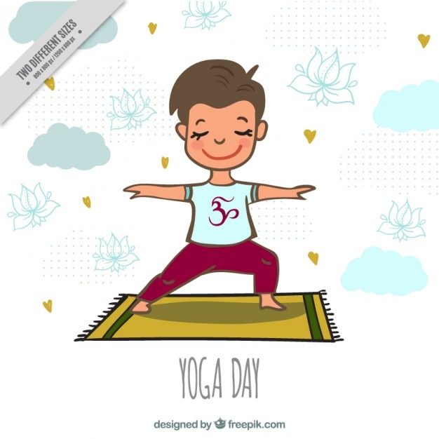 Fondo fe niño de simpático niño haciendo yoga en una carpeta