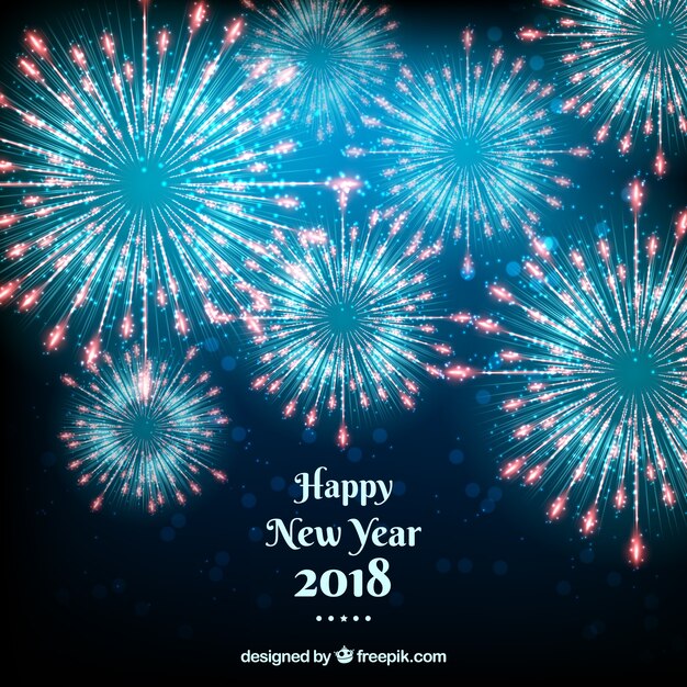 Fondo de feliz año nuevo 2018 con fuegos artificiales azules
