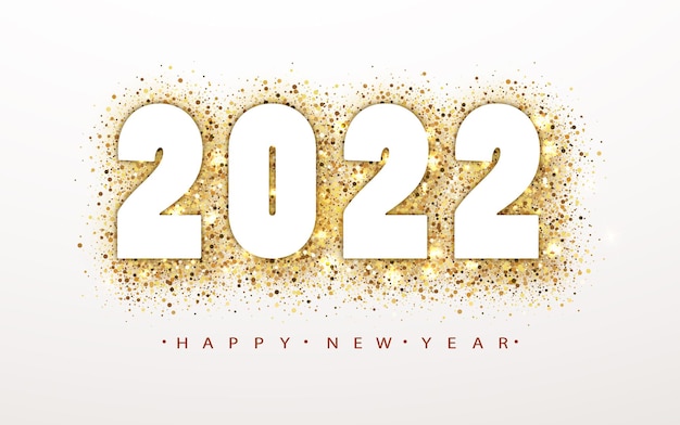 Fondo de feliz año nuevo 2022 con número de brillo dorado. Diseño de vacaciones de invierno de Navidad. Círculo de polvo dorado brillante vector con números.