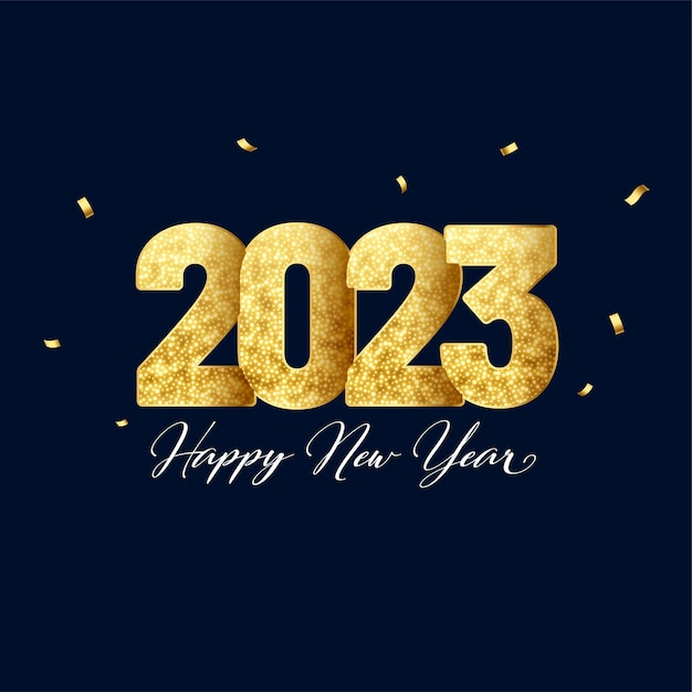 Vector gratuito fondo de feliz año nuevo con texto dorado brillante 2023 e ilustración de vector de diseño de confeti