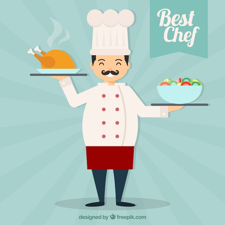 Vector gratuito fondo de feliz chef con pollo y ensalada