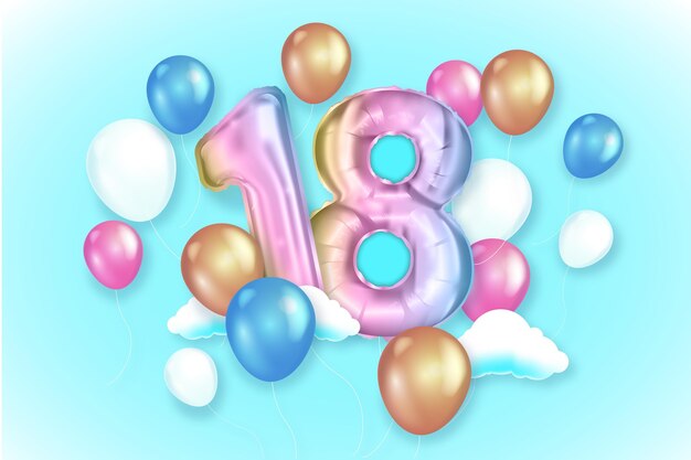 Fondo de feliz cumpleaños 18 con globos realistas