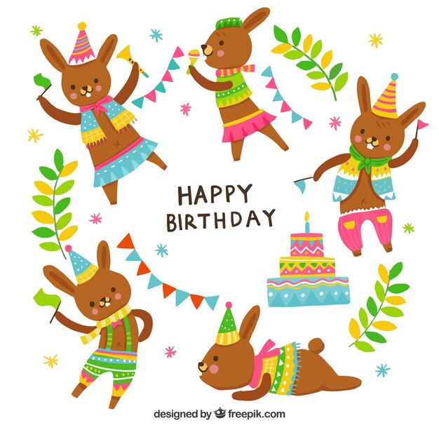 Fondo de feliz cumpleaños con adorables conejitos 