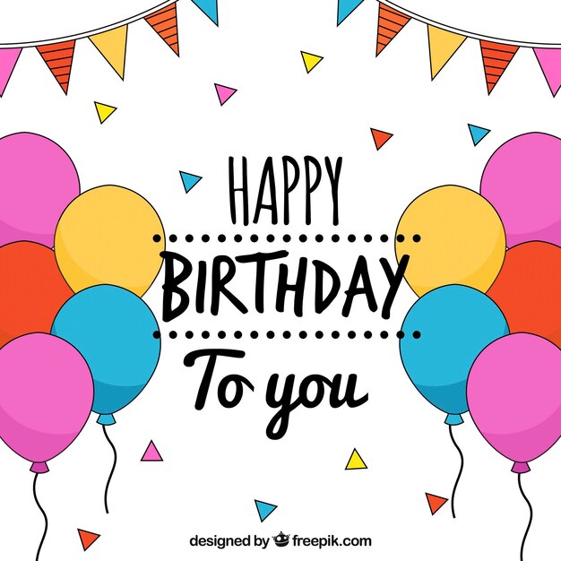 Fondo de feliz cumpleaños con dibujos de globos y confeti 