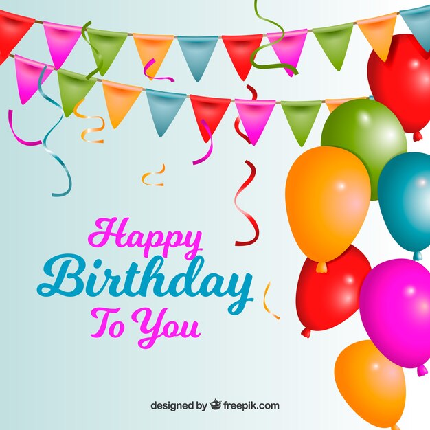 Fondo de feliz cumpleaños con globos de colores y guirnaldas 