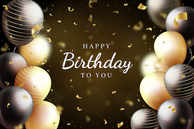 Fondo feliz cumpleaños con globos dorados y negros
