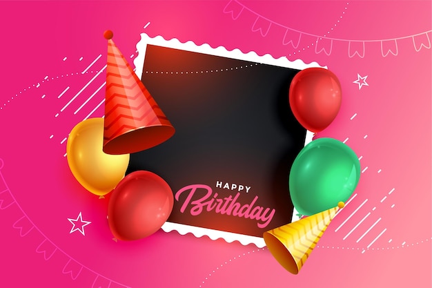 Fondo de feliz cumpleaños con gorro de globos y marco de fotos
