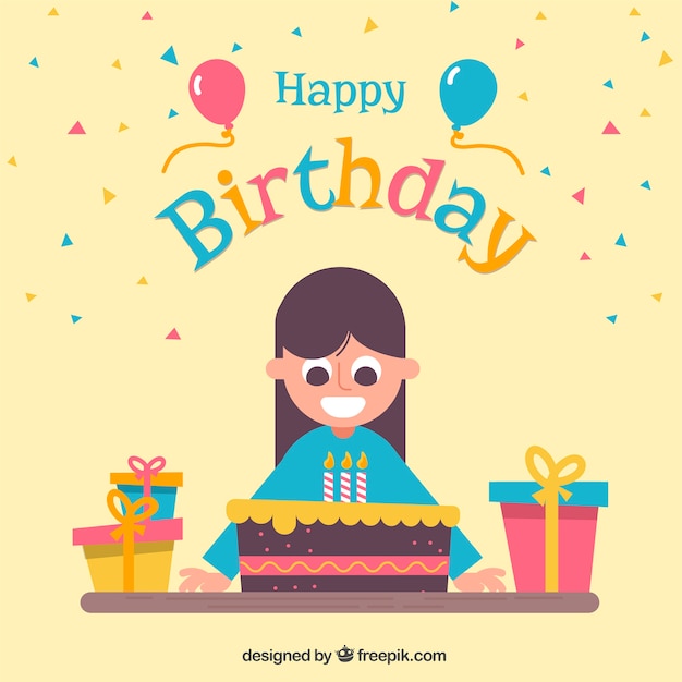 Fondo de feliz cumpleaños con niña y tarta en diseño plano 