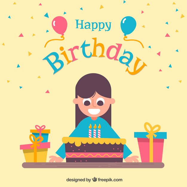 Fondo de feliz cumpleaños con niña y tarta en diseño plano 