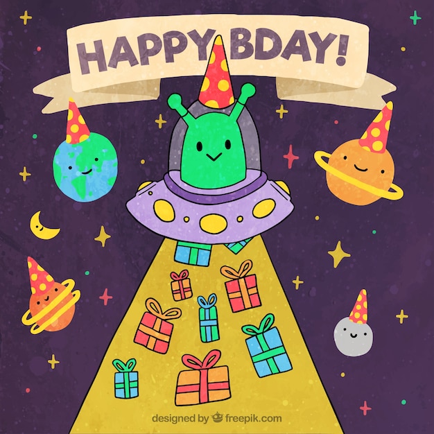 Vector gratuito fondo de feliz cumpleaños con personajes del espacio