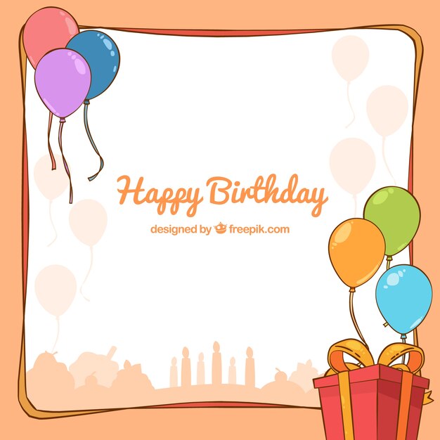 Fondo de feliz cumpleaños con regalo y globos dibujados a mano 