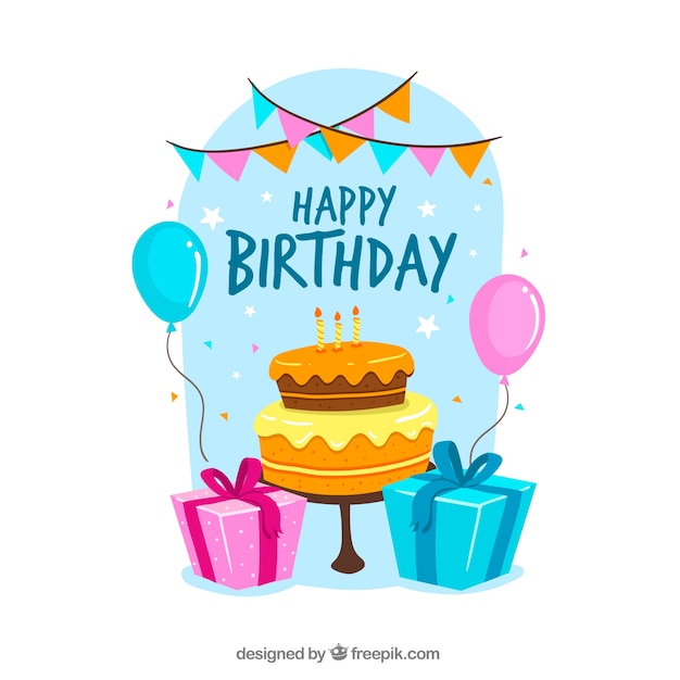 Fondo de feliz cumpleaños con tarta y regalos