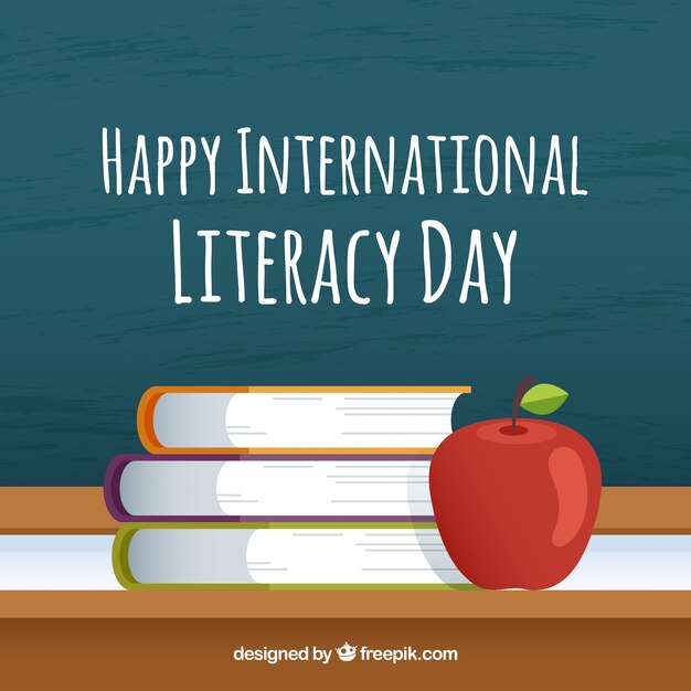 Fondo de feliz día de la alfabetización con libros y manzana