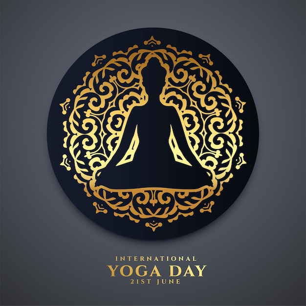 Vector gratuito fondo de feliz día internacional del yoga con toque dorado