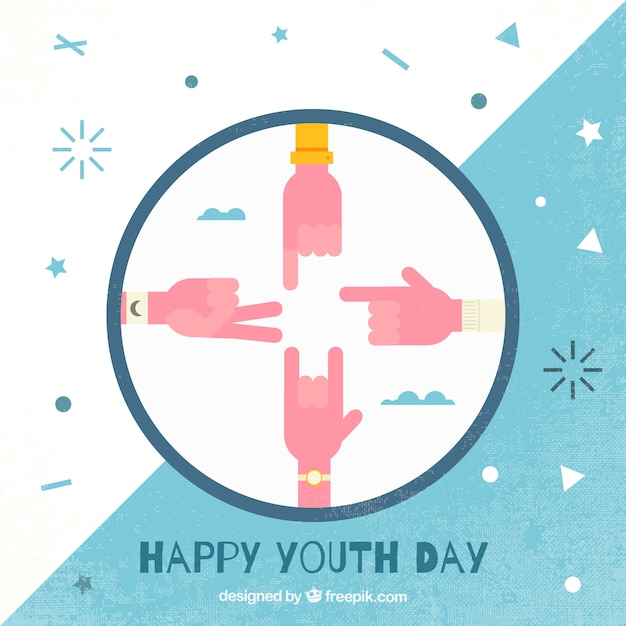 Vector gratuito fondo de feliz día de la juventud con manos en diseño plano