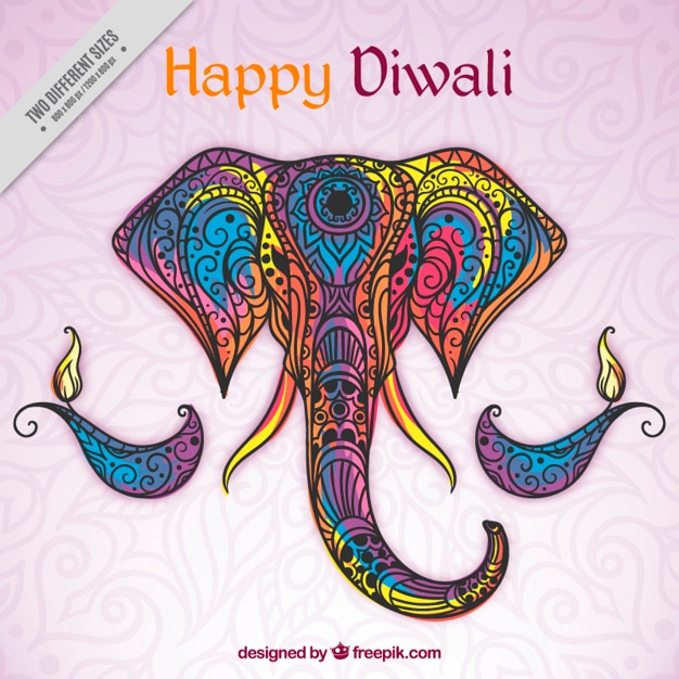 Fondo de feliz diwali de elefante de colores ornamental dibujado a mano