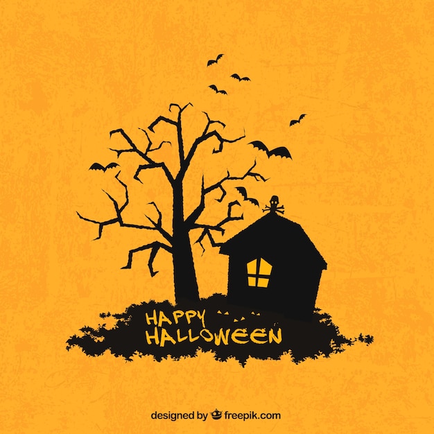 Vector gratuito fondo de feliz halloween con silueta de casa y árbol