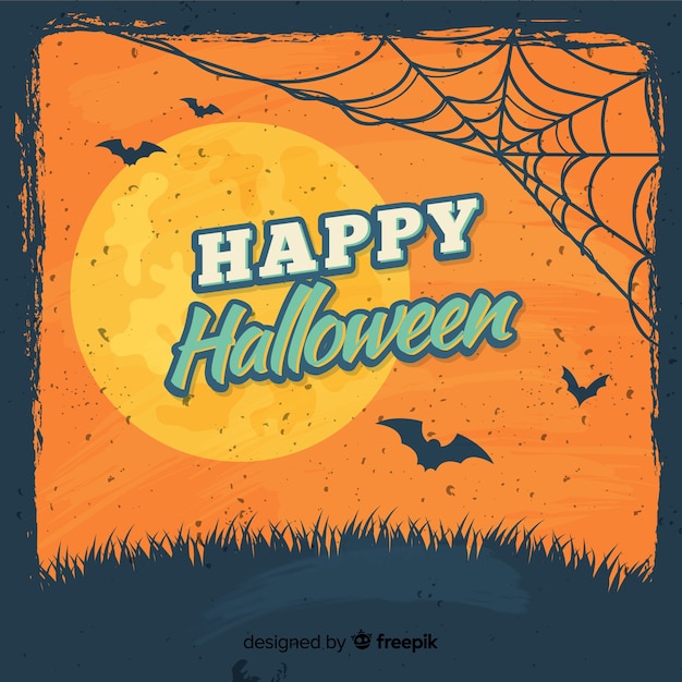 Fondo feliz halloween con tela de araña, murciélagos y luna llena