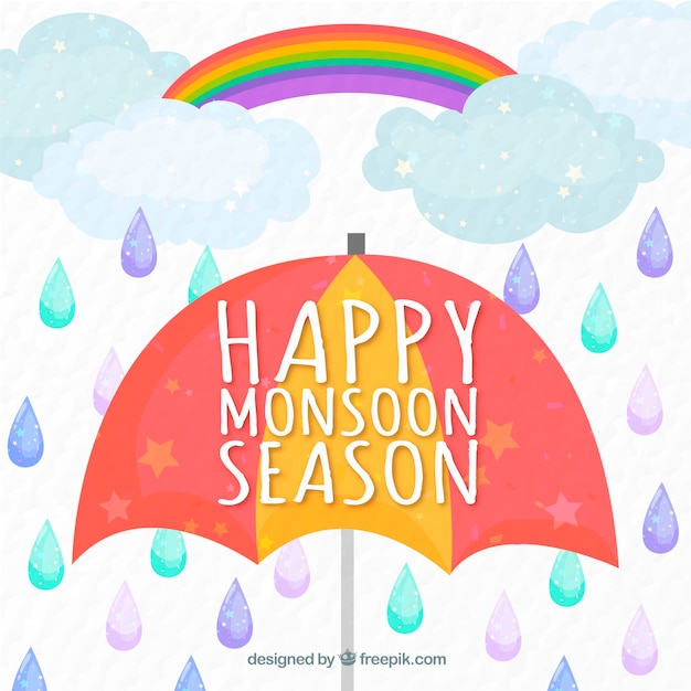 Vector gratuito fondo de feliz monzón de paraguas con gotas y arcoiris