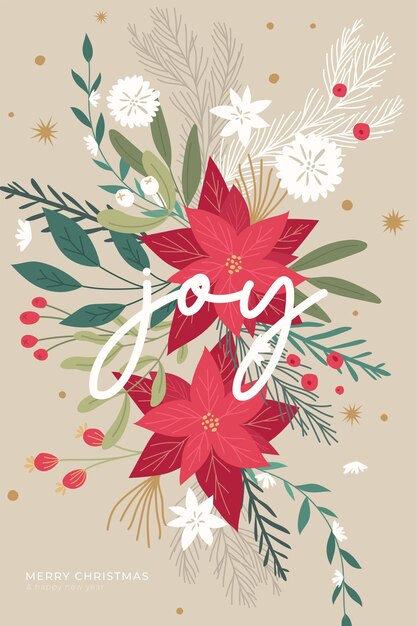 Fondo de feliz Navidad con adornos florales dibujados a mano