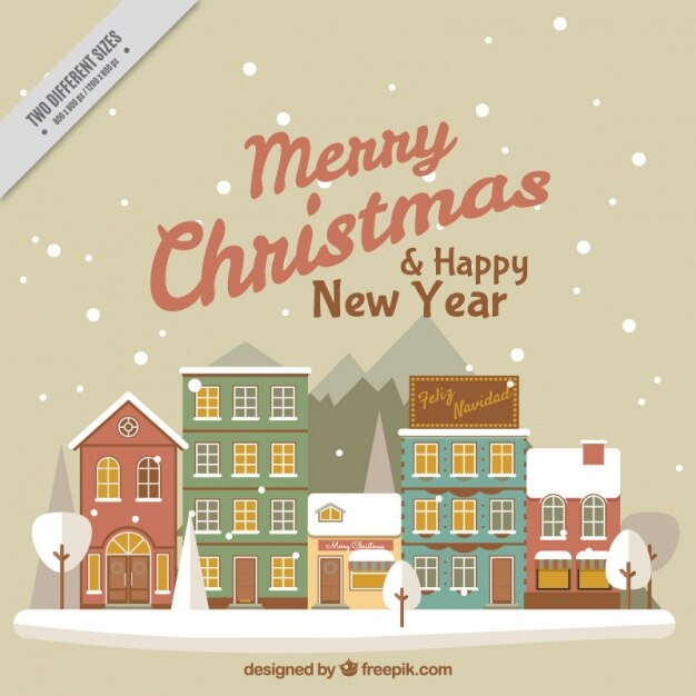 Fondo de feliz navidad y año nuevo con bonitas fachadas de casas