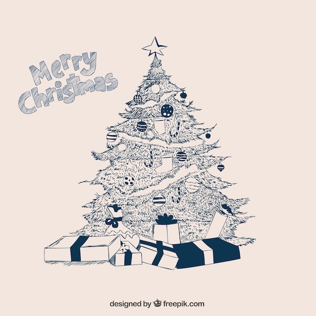 Fondo de feliz navidad de bocetos de árbol y regalos 