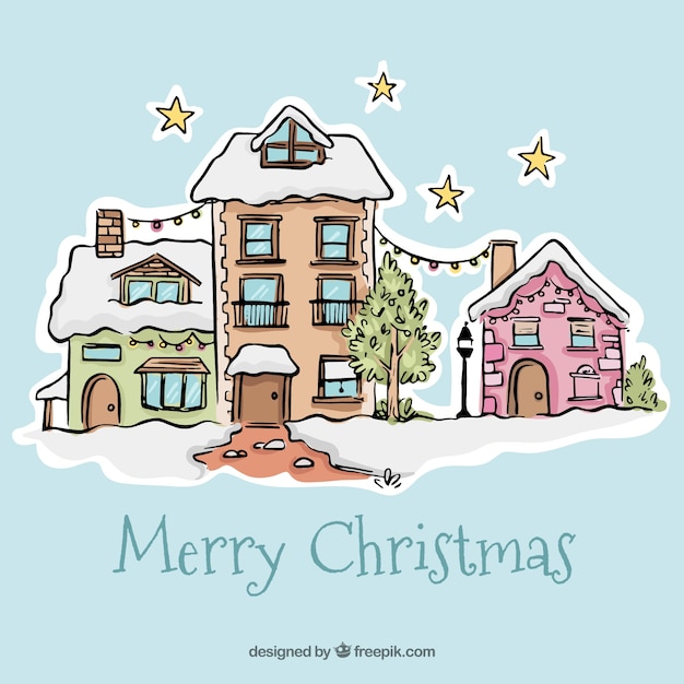 Fondo de feliz navidad con bonitas fachadas de casas dibujadas a mano 